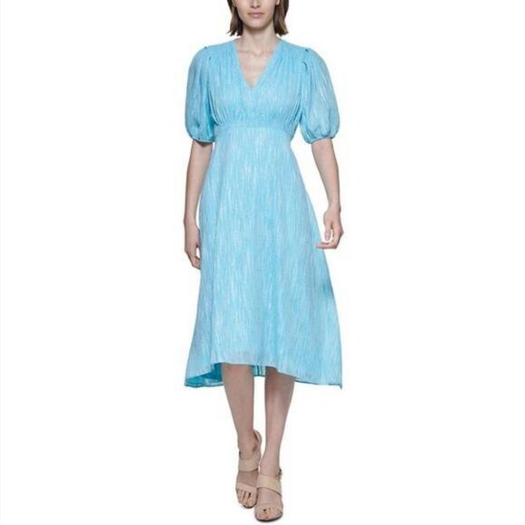 Calvin Klein Blue Metallic Calf Puff Sleeves V-Neck Midi Dress - Picture 1 of 12